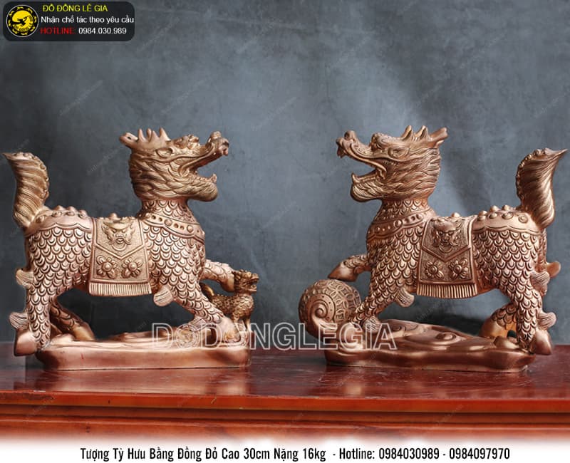 Tượng tỳ hưu bằng đồng đỏ cao 30cm