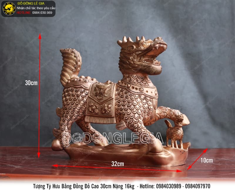 Tượng tỳ hưu bằng đồng đỏ cao 30cm