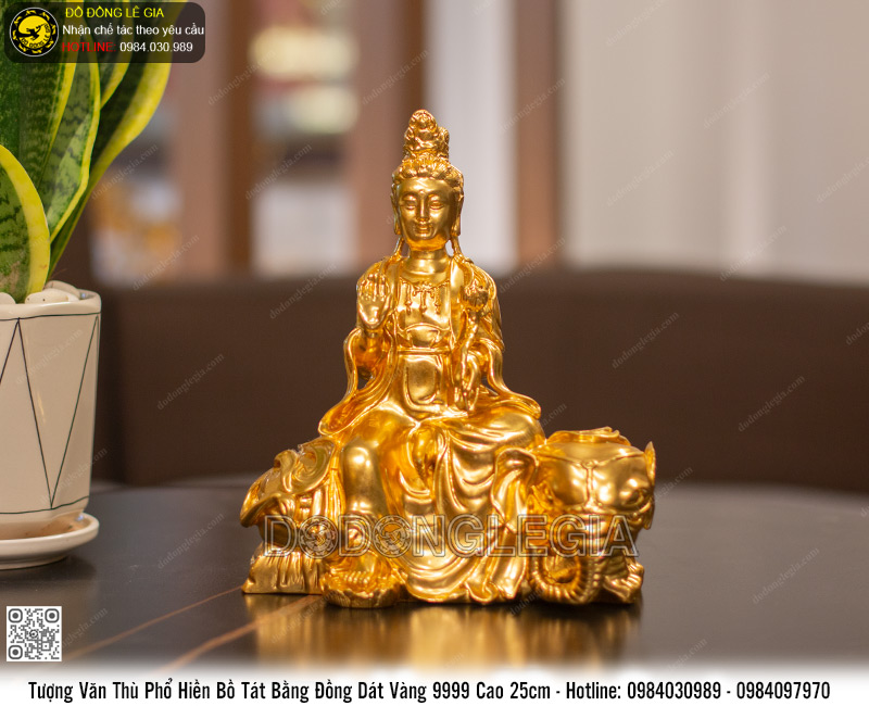 Tượng Phật Văn Thù Phổ Hiền cao 25cm thếp vàng 9999