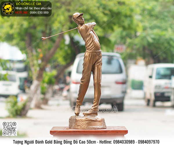 Tượng Người Đánh Golf Bằng Đồng Đỏ Cao 50cm