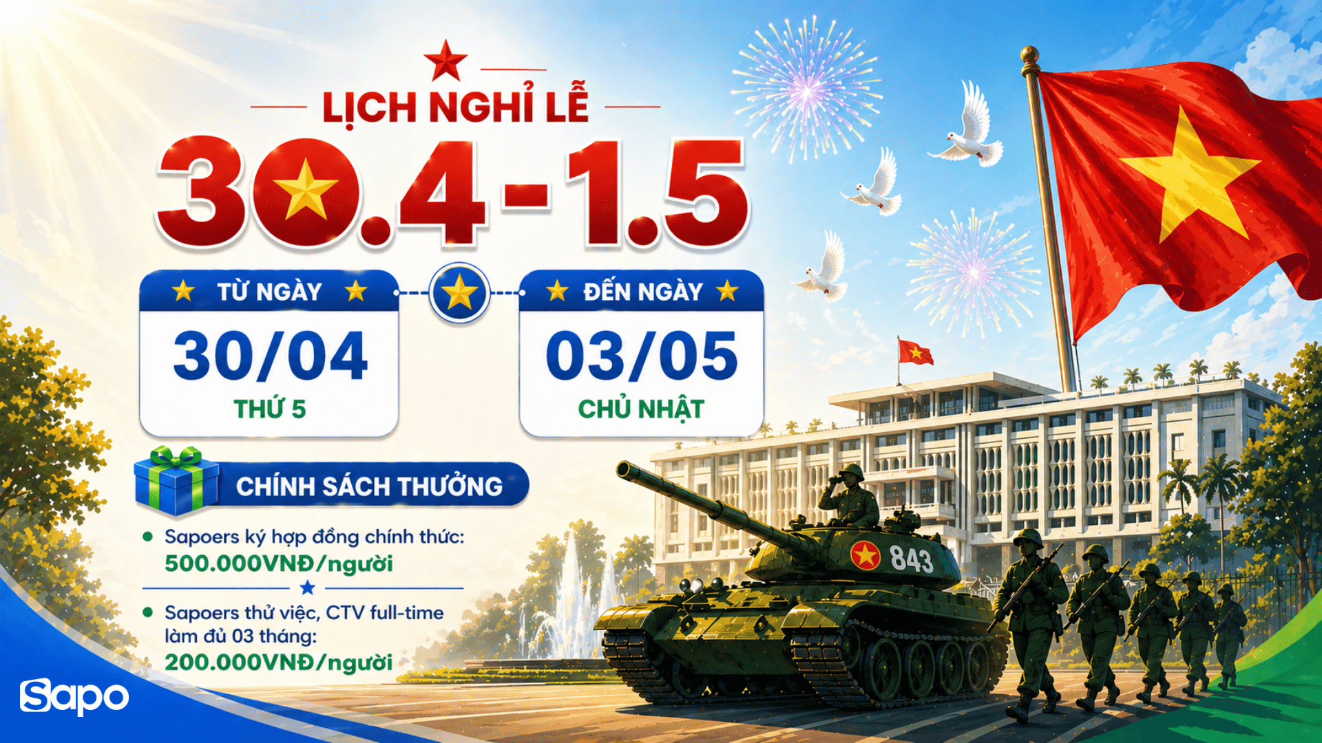Lịch nghỉ lễ 30/4 - 01/5 & Chính sách thưởng dành cho Sapoers