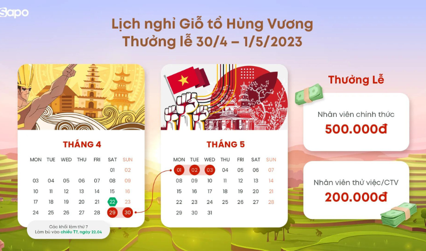 Thông báo: Lịch nghỉ và thưởng mừng ngày Giải phòng Miền Nam 30/4, Quốc tế Lao động 01/5 và Giỗ tổ Hùng Vương 10/3 âm lịch.