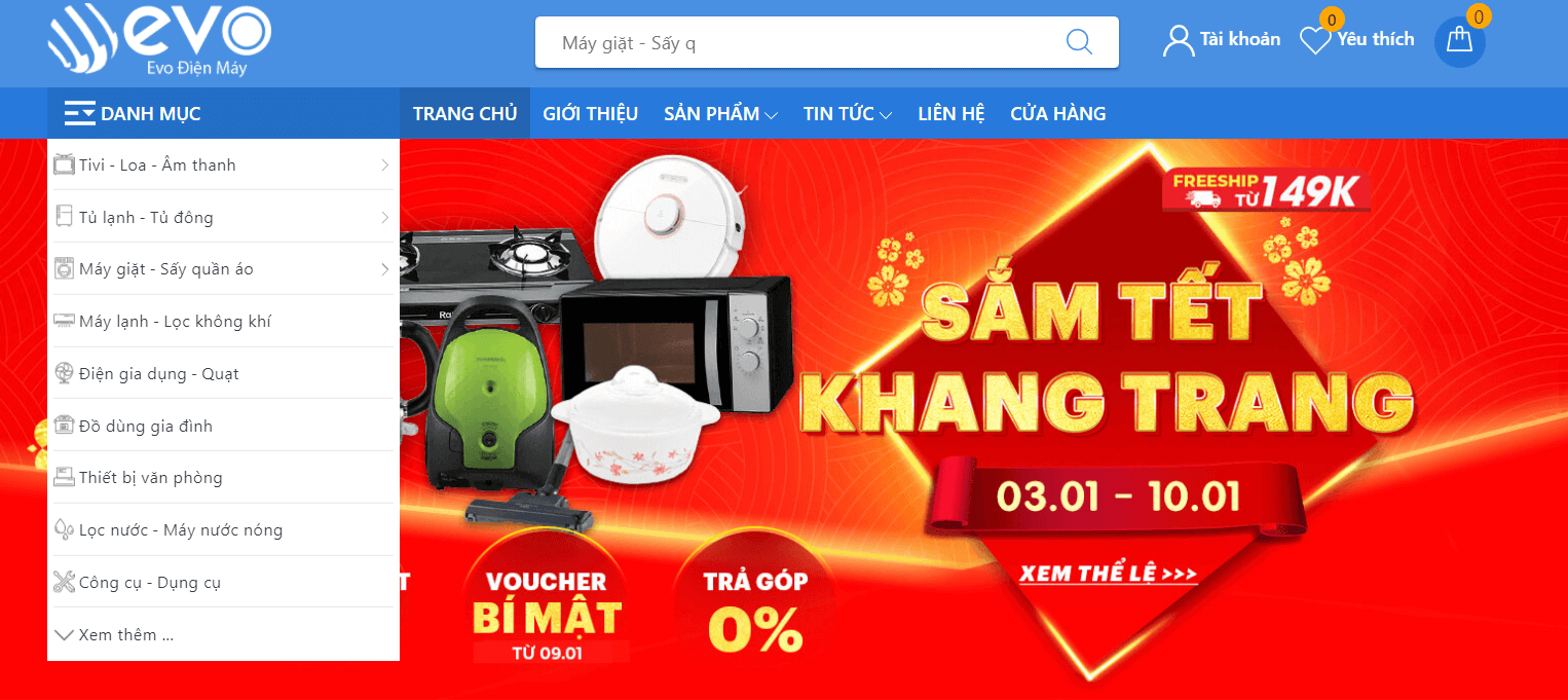 Evo Điện Máy - Hiển thị menu