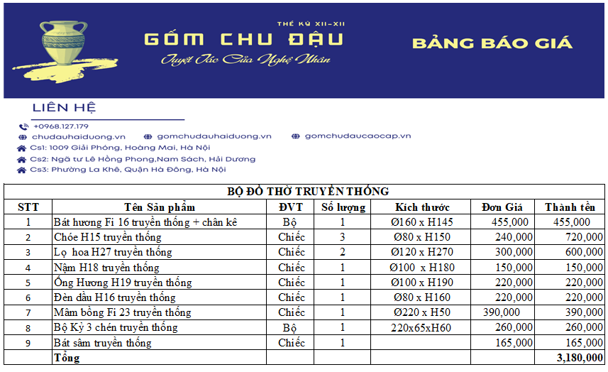 Bộ đồ thờ họa tiết sen truyền thống 1,27m  gốm chu đậu