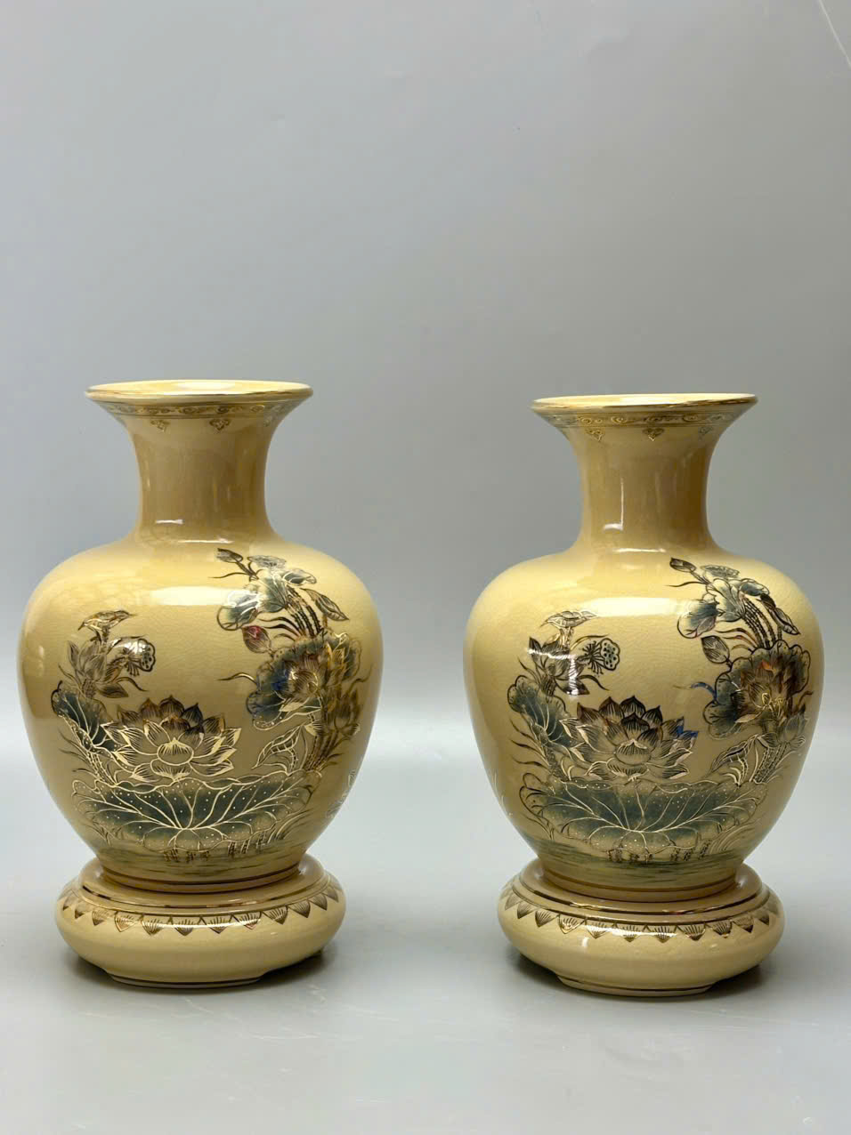 Bình bảo châu hoa sen vẽ vàng 24k gốm Chu Đậu