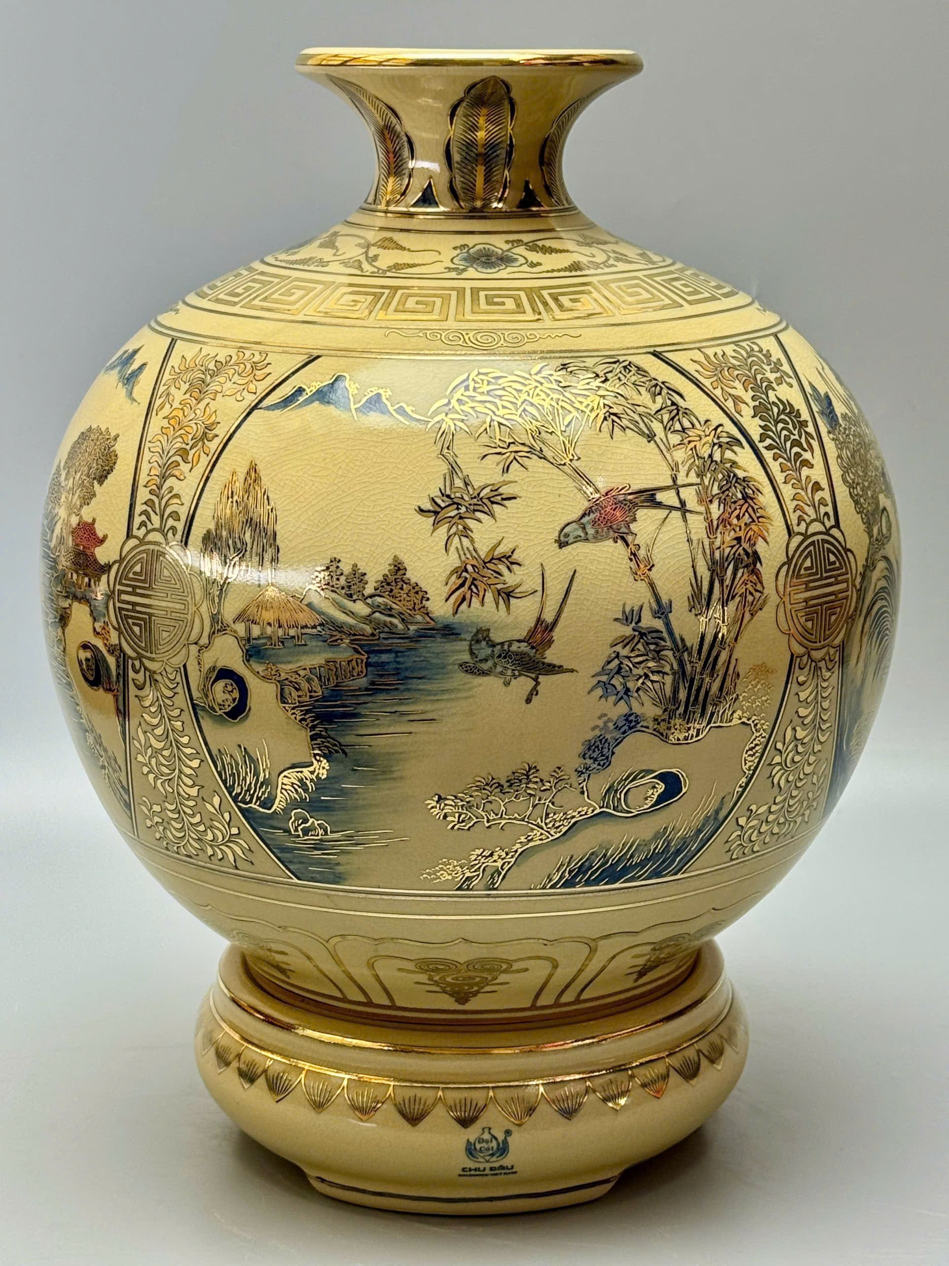 Bình hút tài lộc sơn thủy hữu tình gốm Chu Đậu vẽ vàng