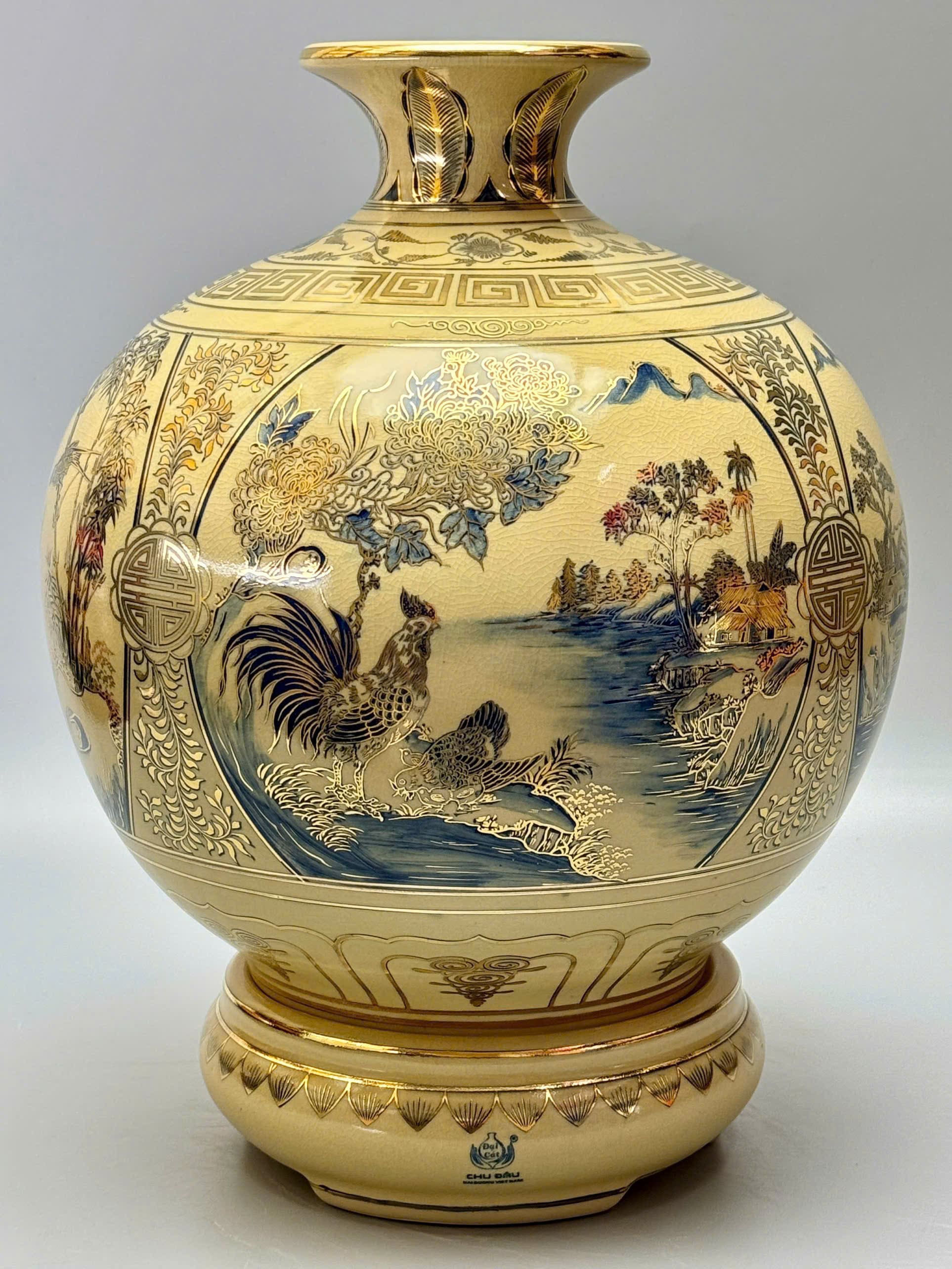 Bình hút tài lộc sơn thủy hữu tình gốm Chu Đậu vẽ vàng