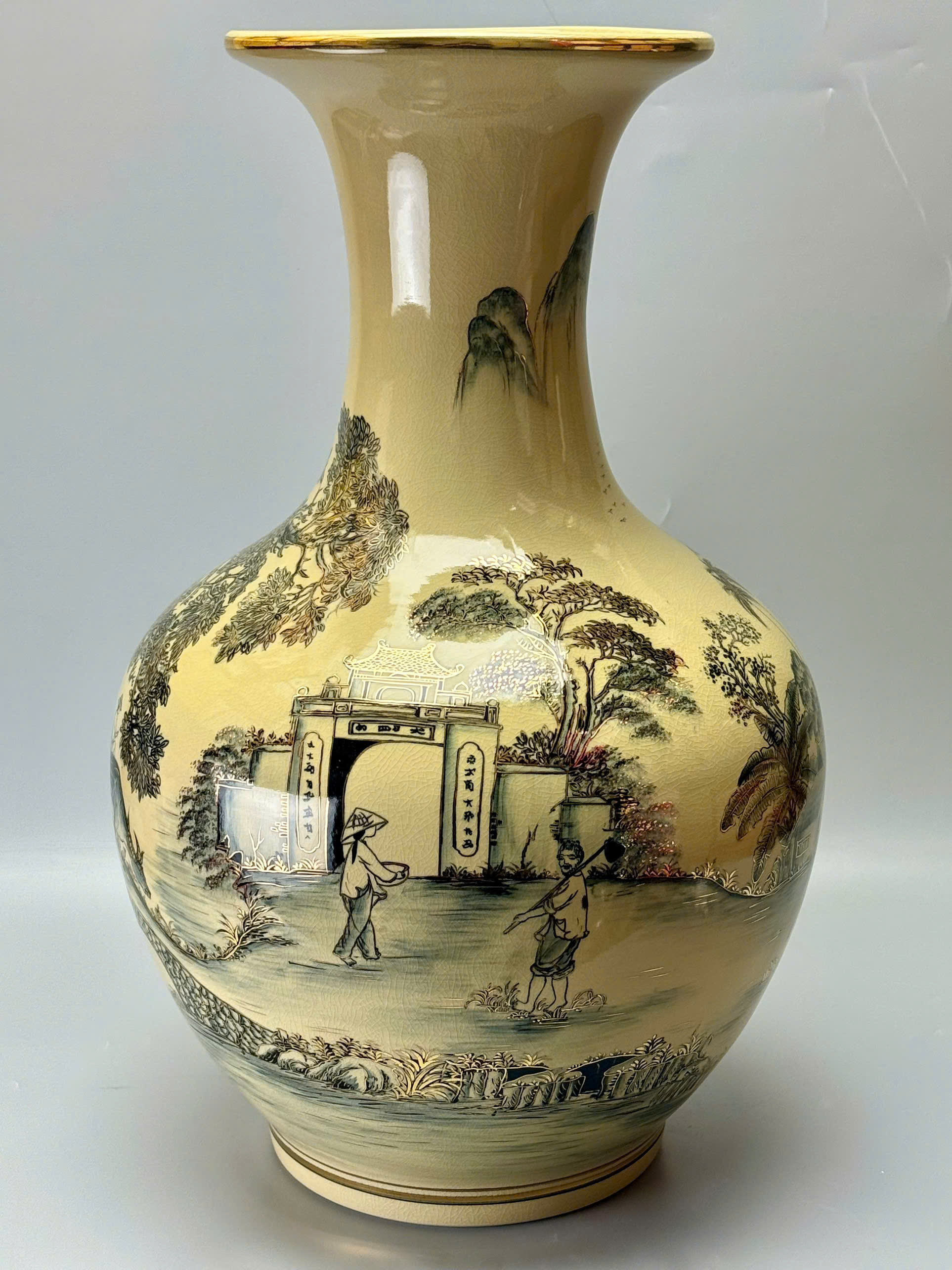 Bình phú quý H65 cảnh quê hương gốm Chu Đậu vẽ vàng