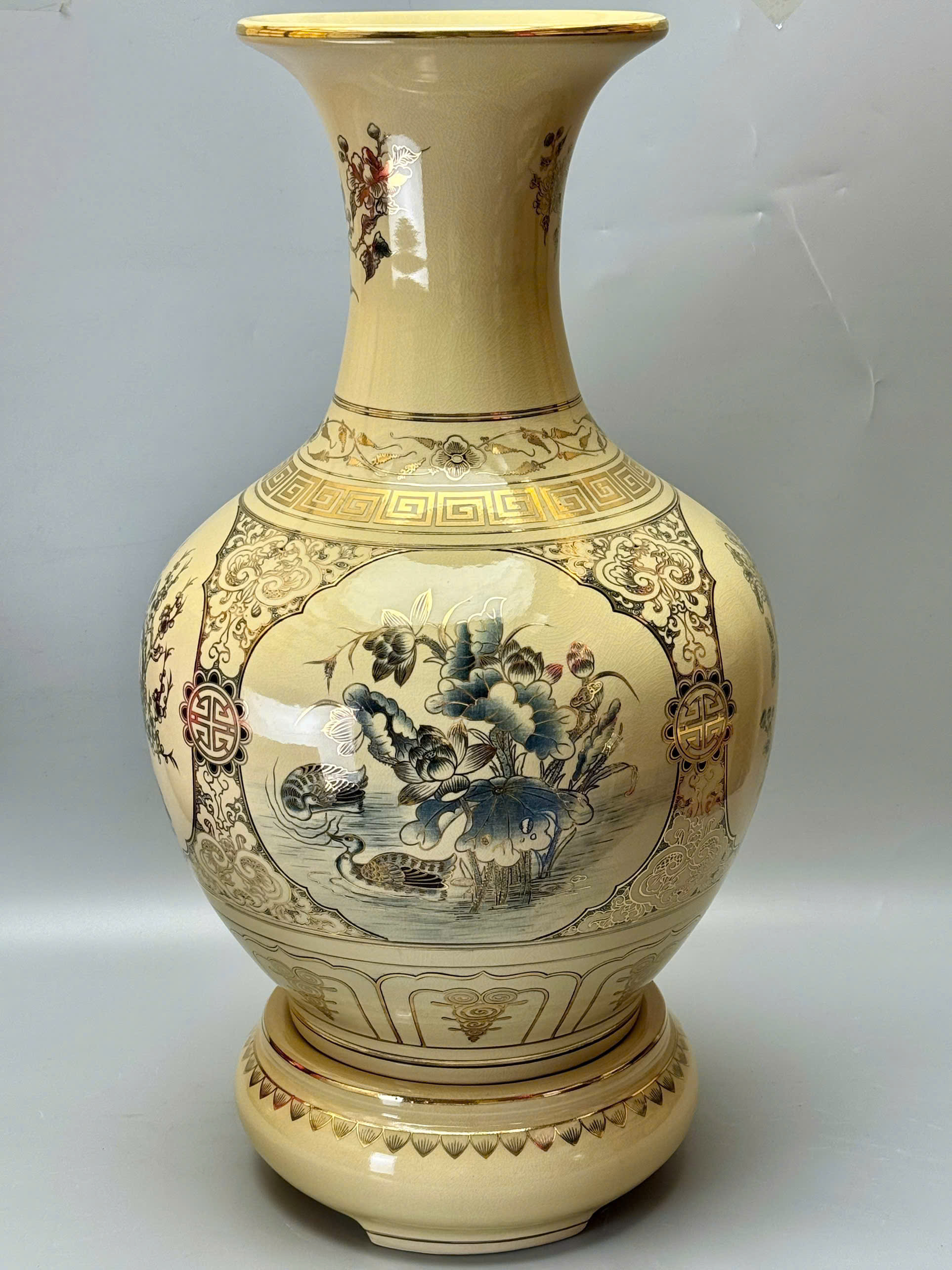 Bình phú quý cao 75cm tứ cảnh sơn thủy gốm Chu Đậu vẽ vàng