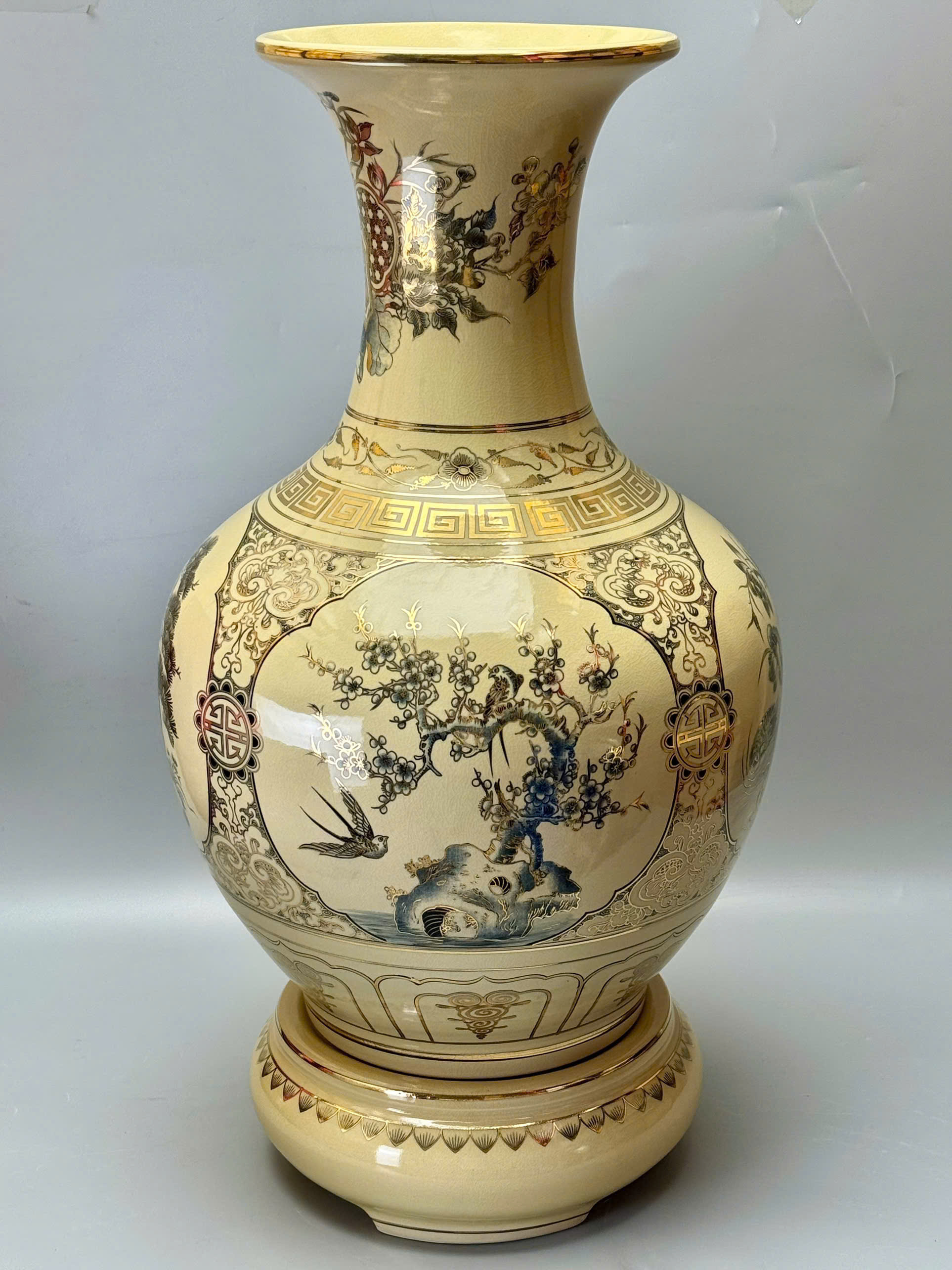 Bình phú quý H65 tứ cảnh sơn thủy gốm Chu Đậu vẽ vàng