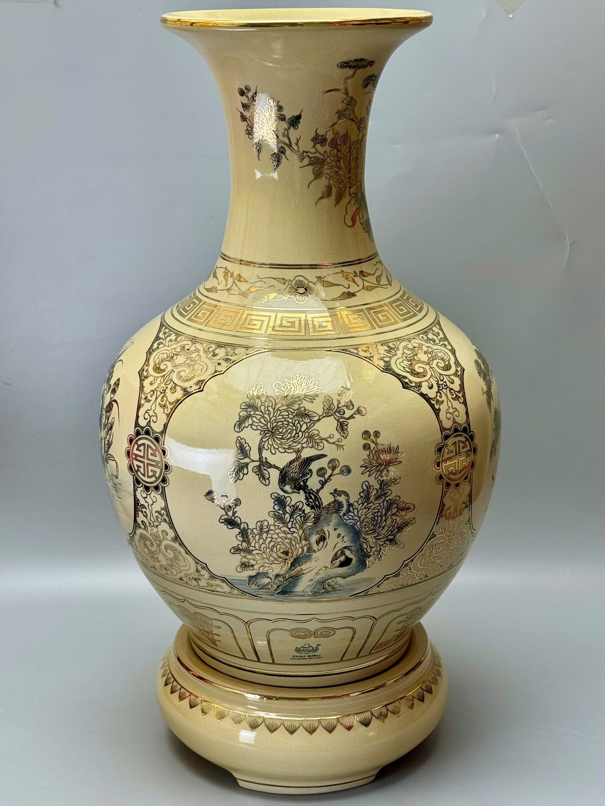 Bình phú quý cao 75cm tứ cảnh sơn thủy gốm Chu Đậu vẽ vàng