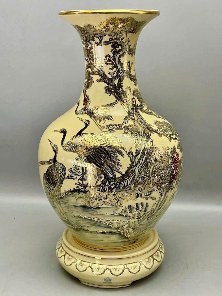 Bình phú quý H65 tùng hạc gốm Chu Đậu vẽ vàng