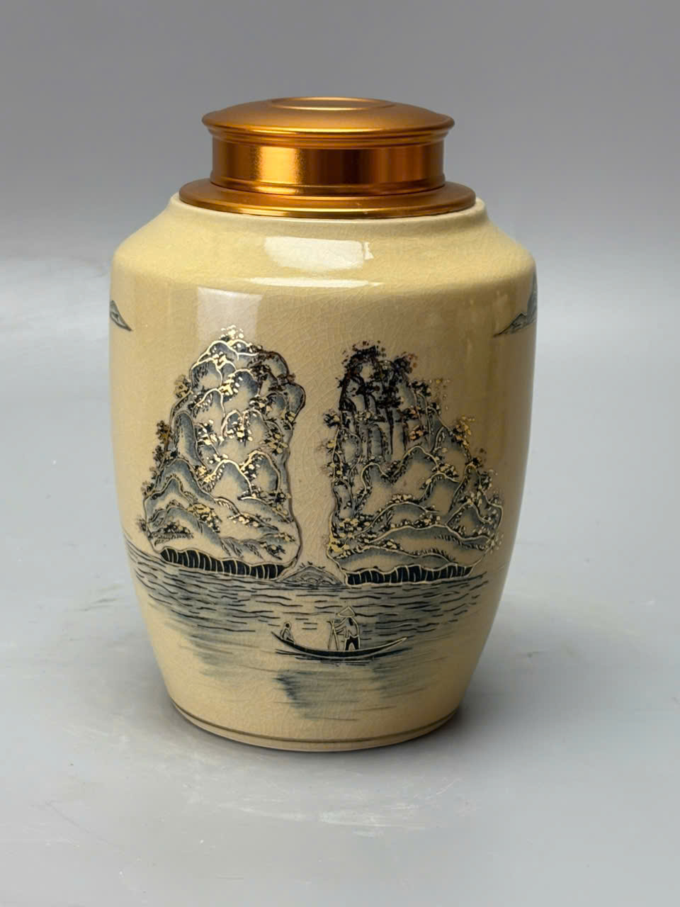 Hũ Trà Hoạ Tiết Thuận Buồm Xuôi Gió Cao 18cm Gốm Chu Đậu Vẽ Vàng