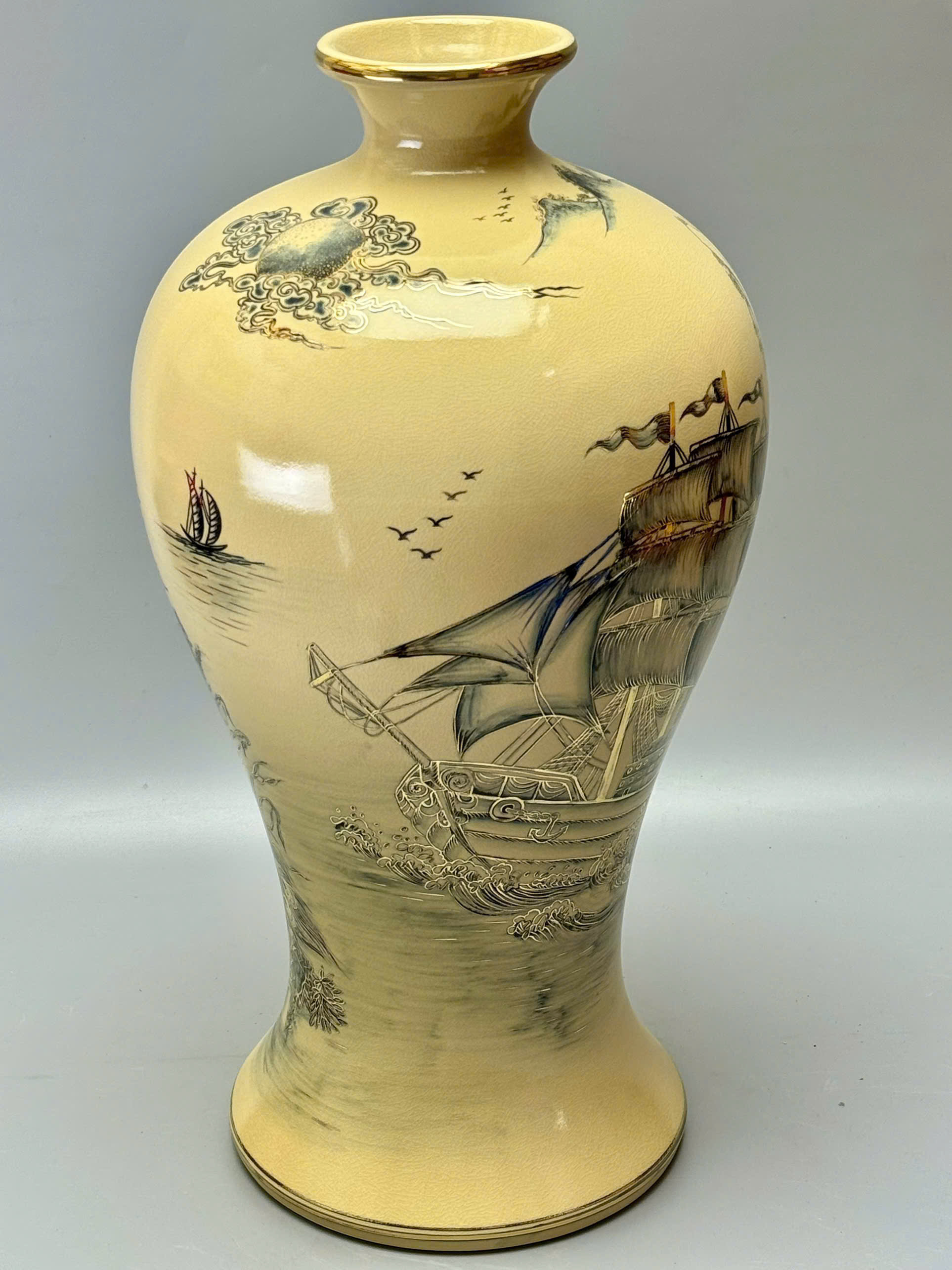 Mai bình thuận buồm xuôi gió công thành danh toại cao 60cm gốm Chu Đậu vẽ vàng 24k