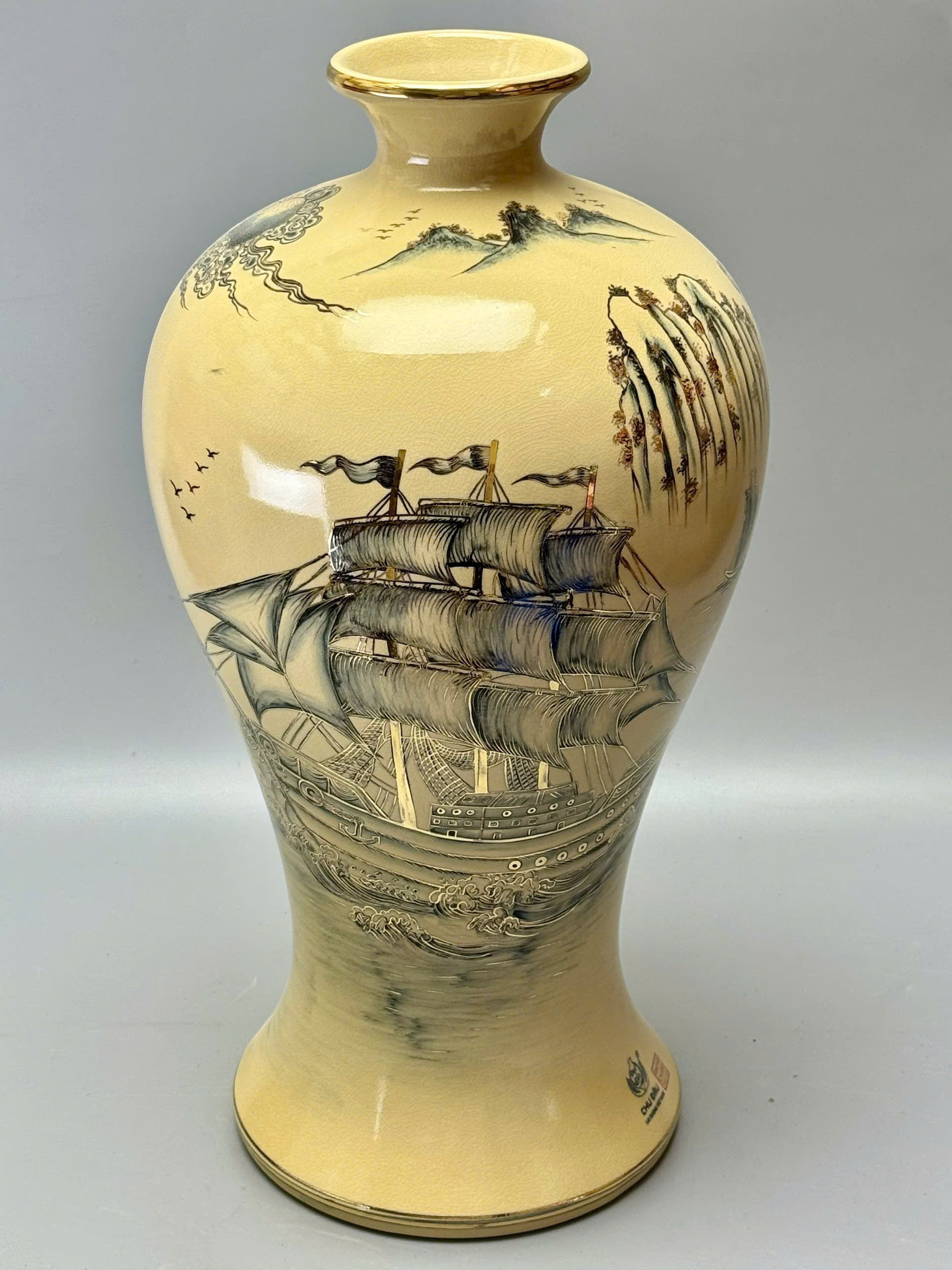 Mai bình thuận buồm xuôi gió công thành danh toại cao 60cm gốm Chu Đậu vẽ vàng 24k