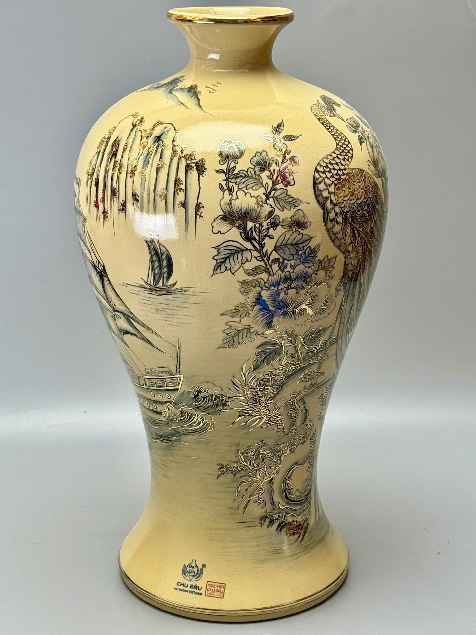 Mai bình thuận buồm xuôi gió công thành danh toại cao 60cm gốm Chu Đậu vẽ vàng 24k