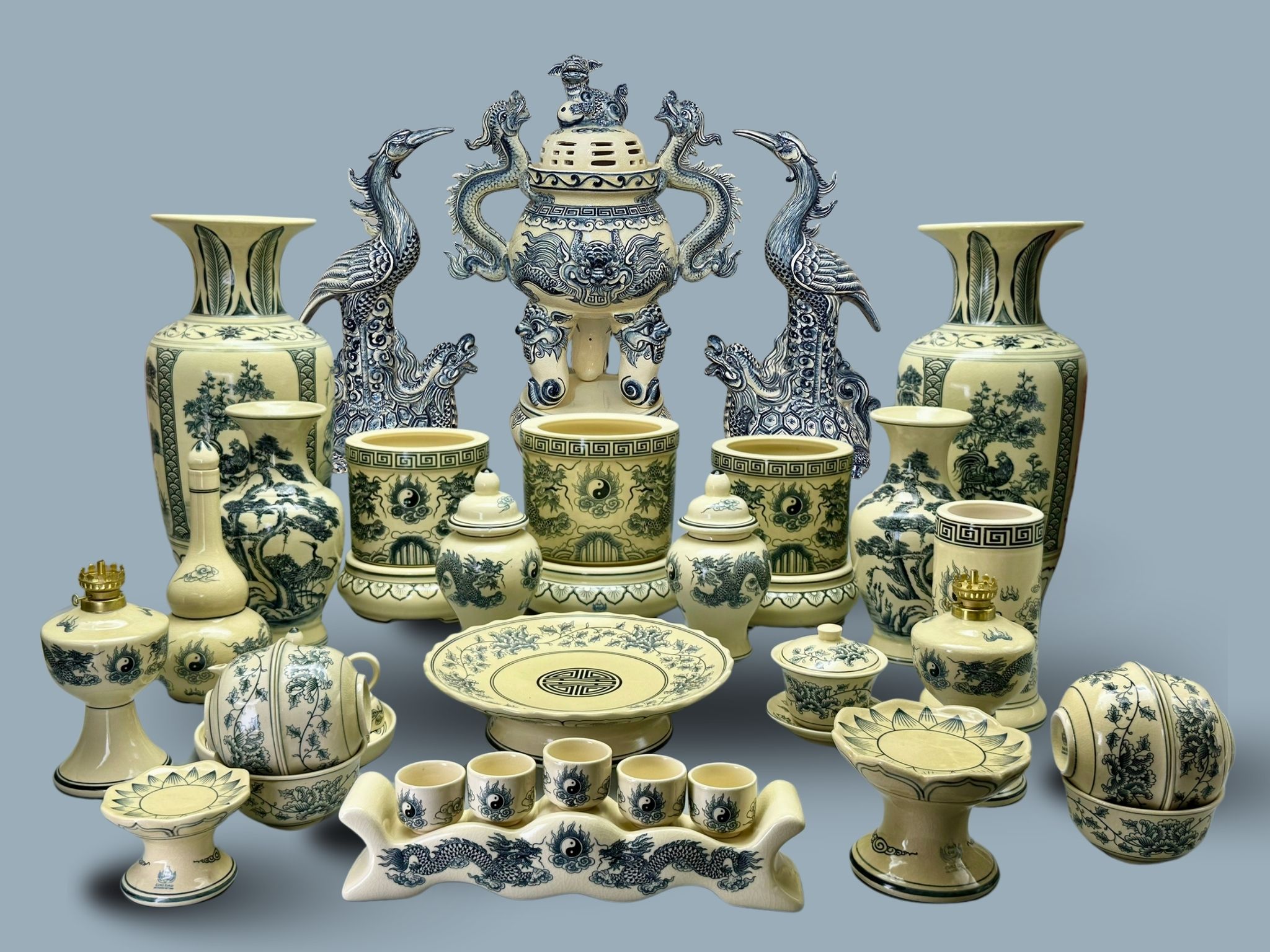 Set Vip đồ thờ họa tiết rồng gốm Chu đậu truyền thống