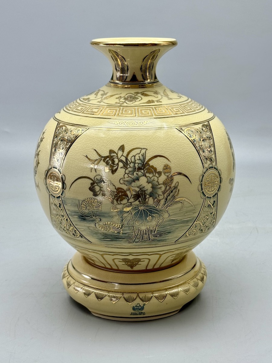 Bình Hút Lộc Tứ Cảnh H25 Gốm Chu Đậu Vẽ Vàng