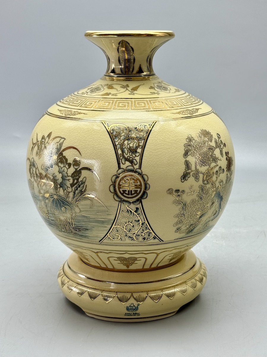 Bình Hút Lộc Tứ Cảnh H25 Gốm Chu Đậu Vẽ Vàng