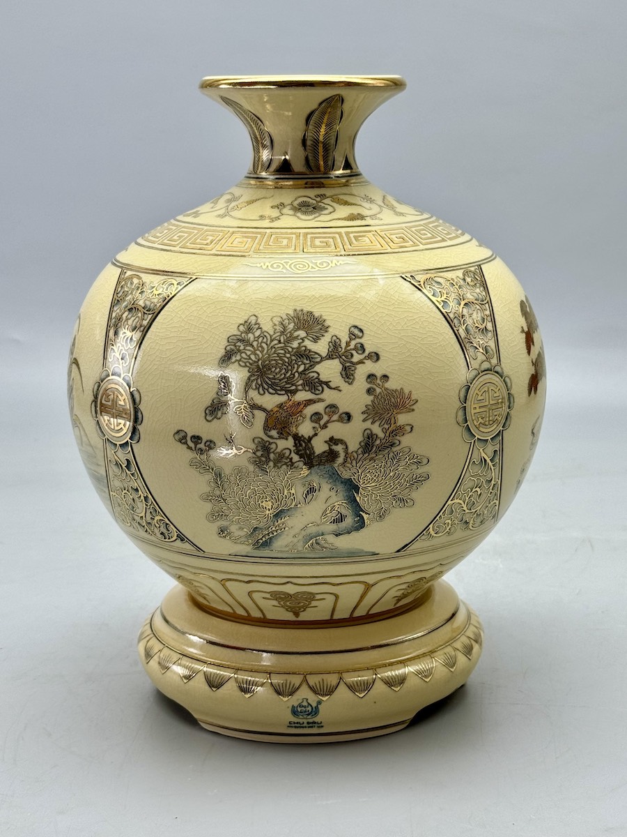 Bình Hút Lộc Tứ Cảnh H25 Gốm Chu Đậu Vẽ Vàng