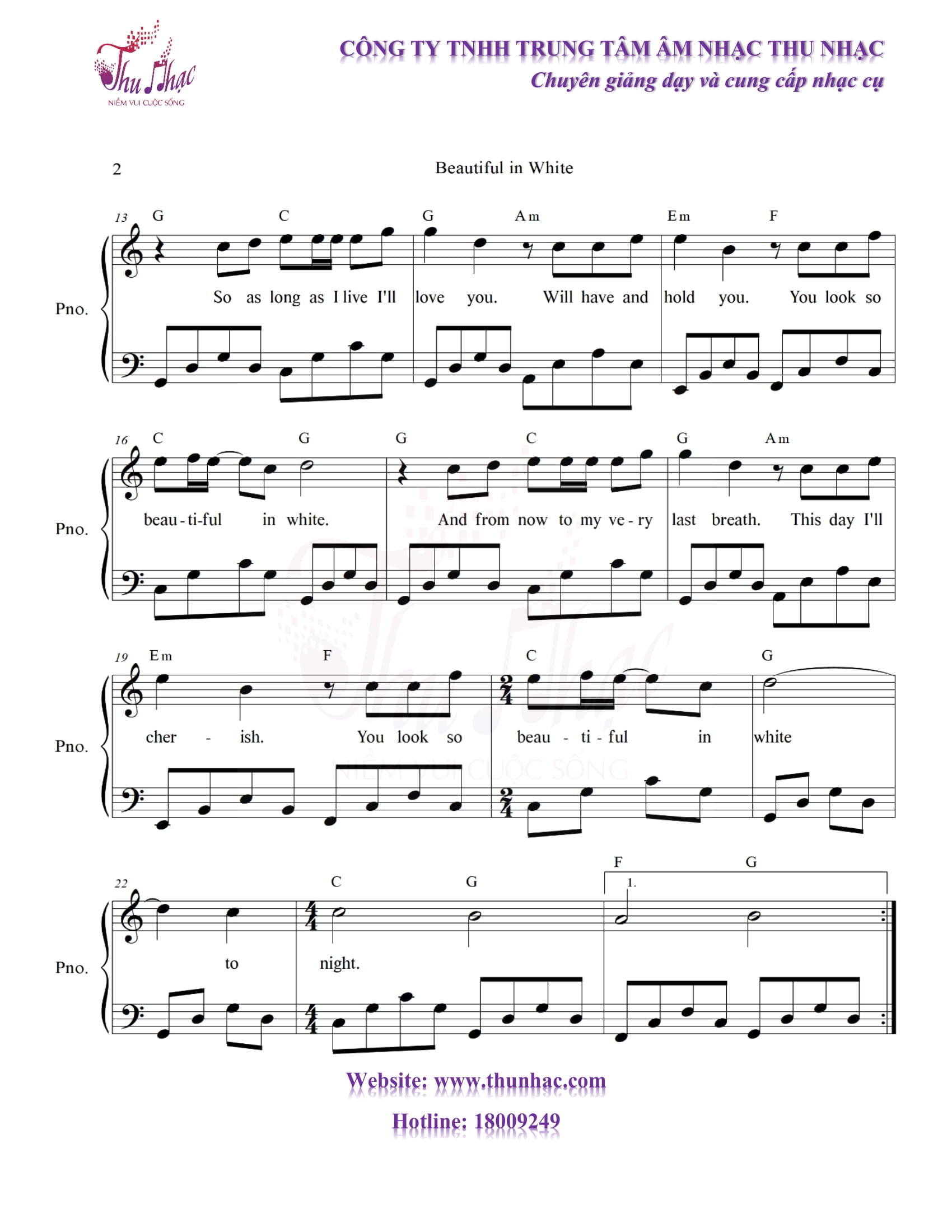 sheet piano beautiful in while có hợp âm