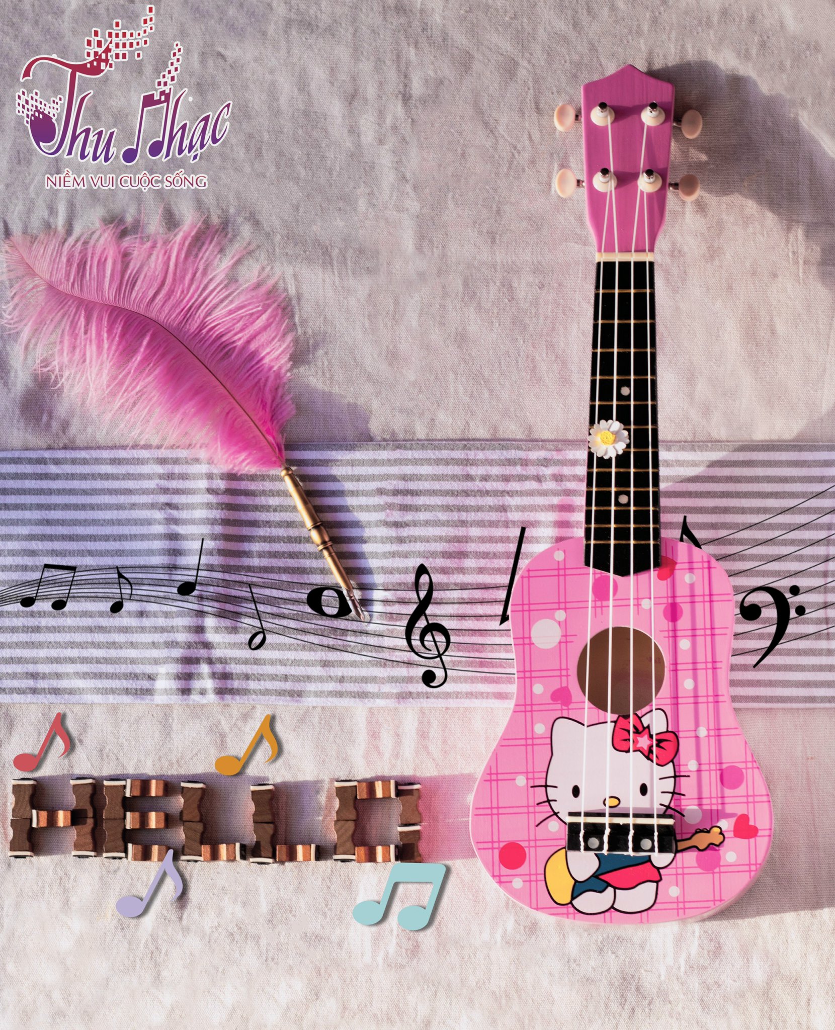 Đàn ukulele màu hồng họa tiết hello kitty