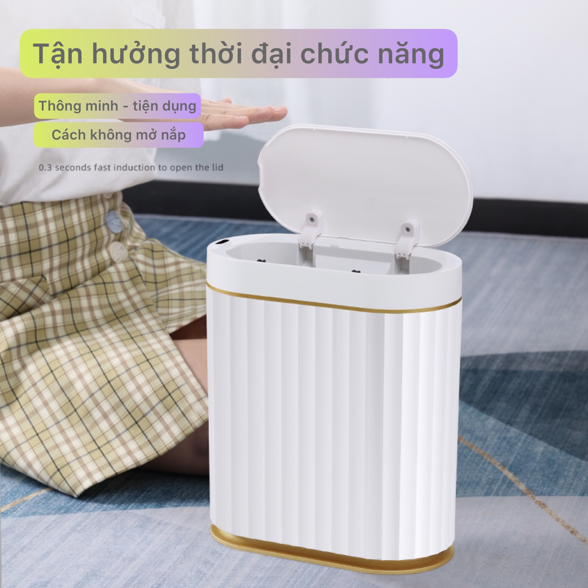 Thùng rác cảm ứng JAH-7L thông minh tự động phong cách quý phái viền vàng sang trọng