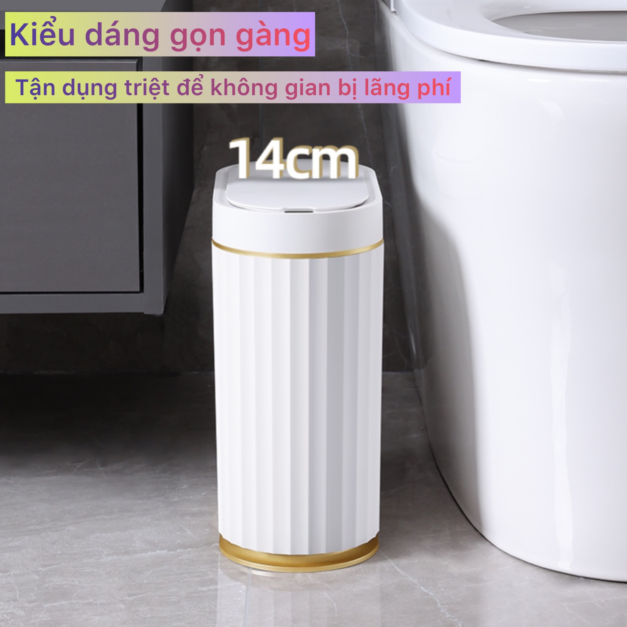 Thùng rác cảm ứng JAH-7L thông minh tự động phong cách quý phái viền vàng sang trọng