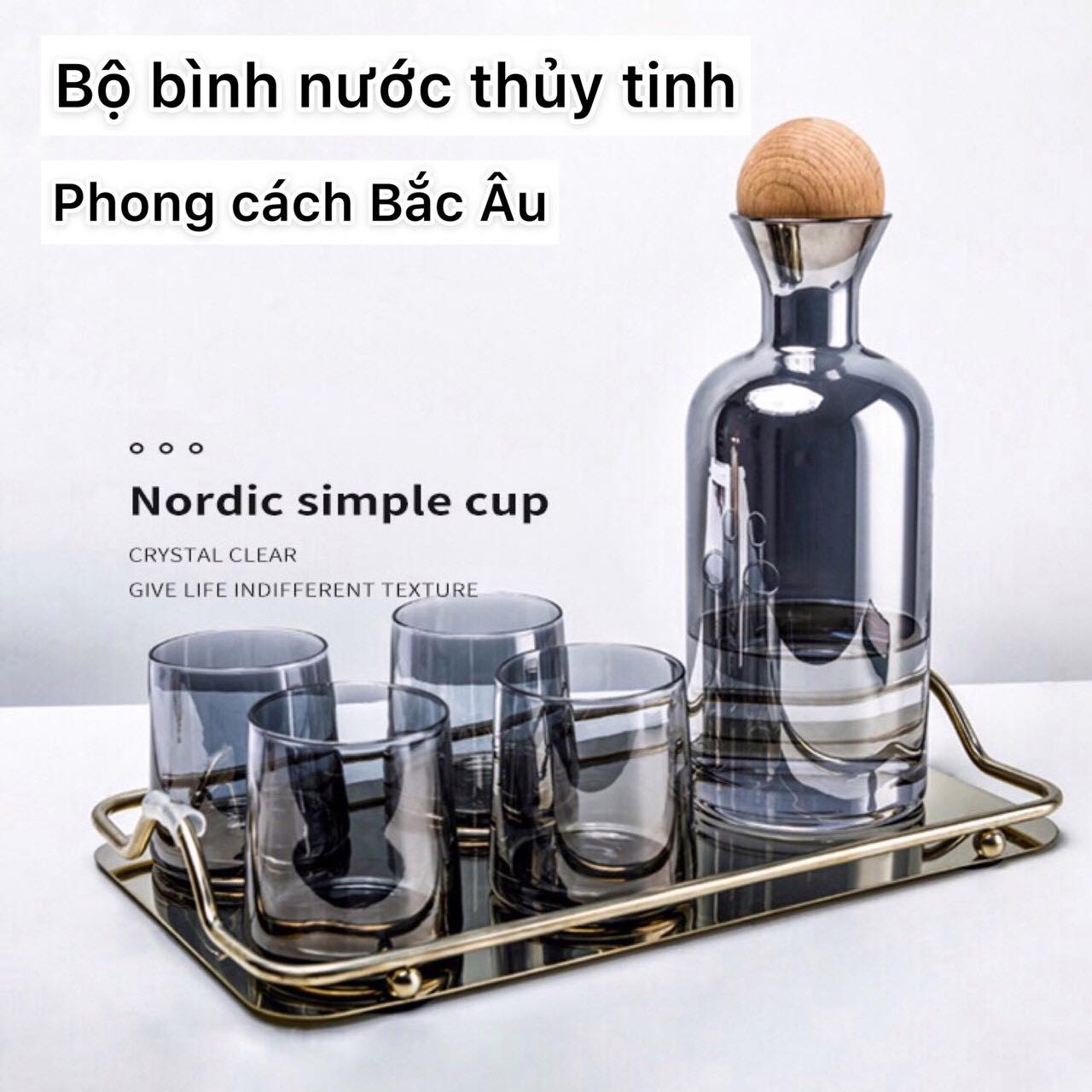 Bộ bình nước thủy tinh kèm 4 cốc phong cách Bắc âu