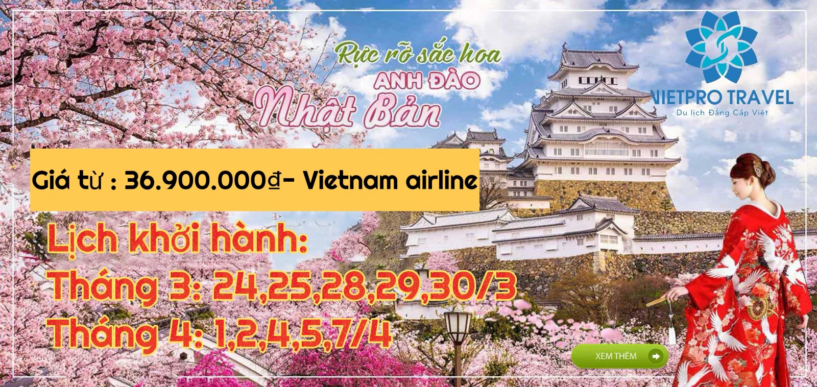 DU LỊCH NHẬT BẢN HOA ANH ĐÀO  Tokyo – Phú Sĩ – Nagoya – Kyoto – Osaka  				       Thời gian: 6 ngày/5 đêm Khởi hành:  Tháng 3: 24/3; 25/3; 28/3; 29/3; 30/3           Tháng 4: 1/4; 2/4; 4/4; 5/4; 7/4 Phương tiện: Bay hàng không Vietnam Airline, Shinkansen, ôtô