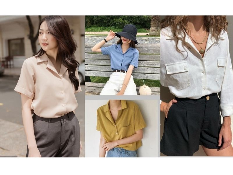 Áo sơ mi nữ tay ngắn đẹp form rộng cổ vest kiểu công sở Hàn Quốc khoác  ngoài giấu quần SALANA SMLV51  Shopee Việt Nam