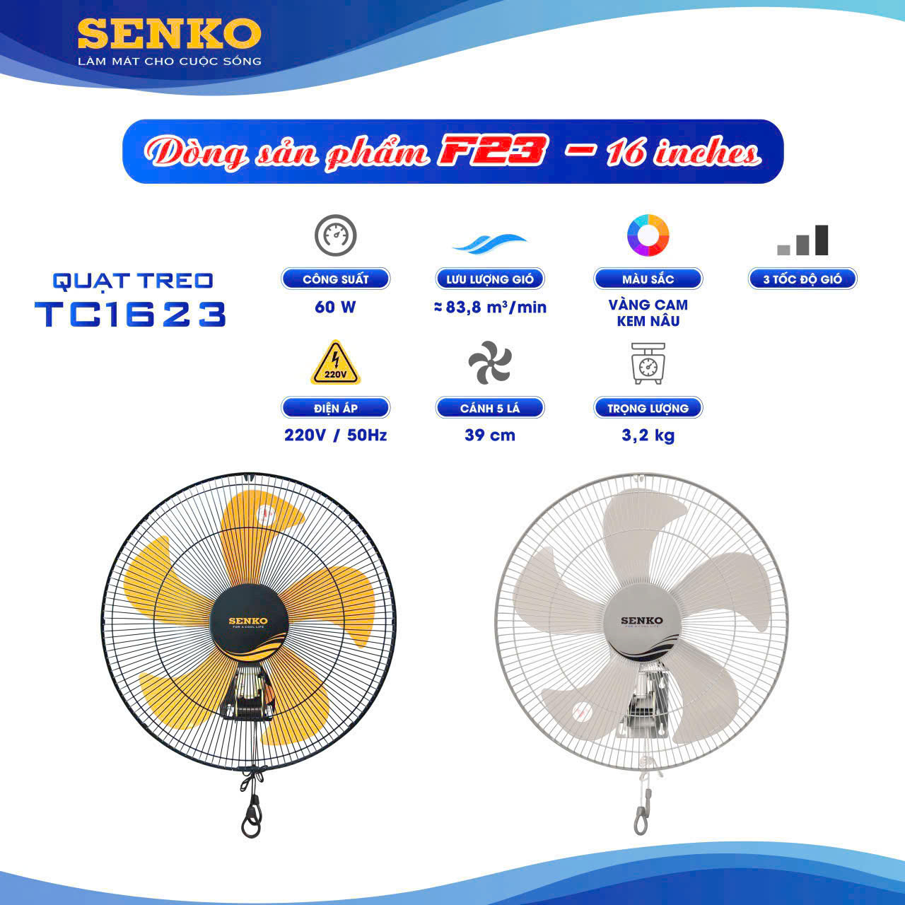QUẠT TREO SENKO TC1623 60W CHÍNH HÃNG.