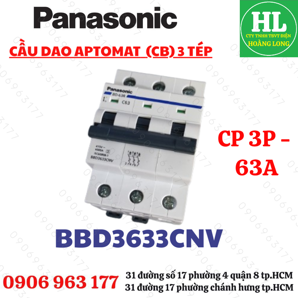 CẦU DAO MCB CB 3P 3 PHA 3P 63A BBD3633CNV PANASONIC CHÍNH HÃNG