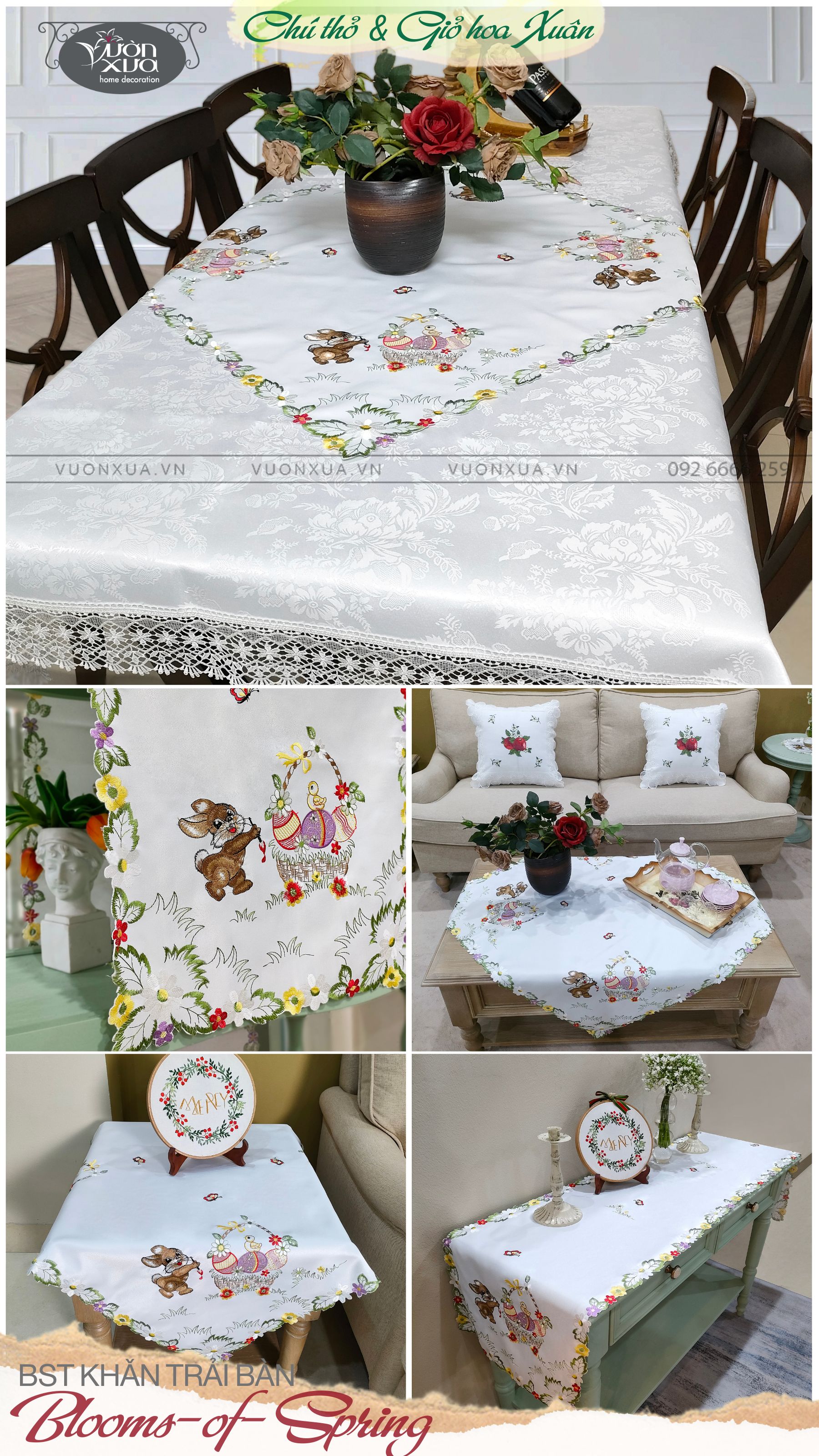 BST Khăn trải bàn thêu Chú thỏ & Giỏ hoa Xuân.