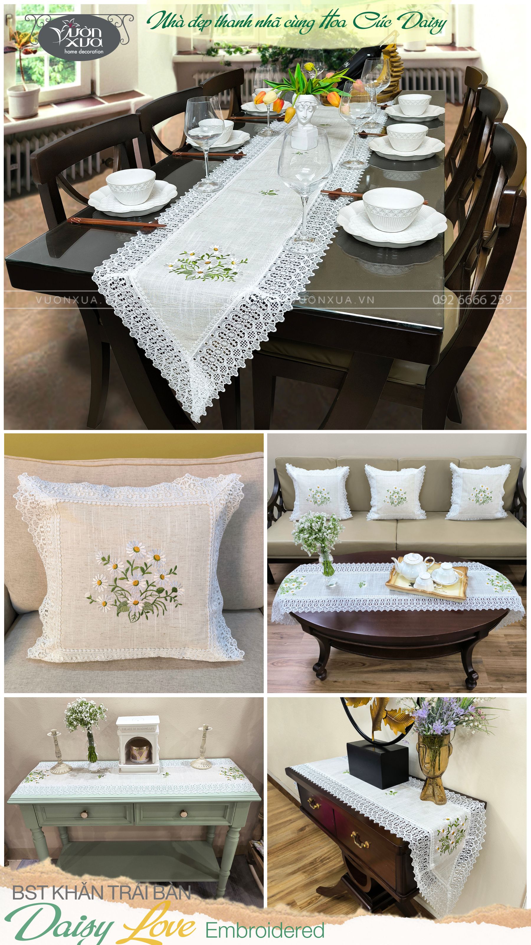 BST Khăn trải bàn ăn thêu Hoa Cúc Chi đẹp thanh nhã