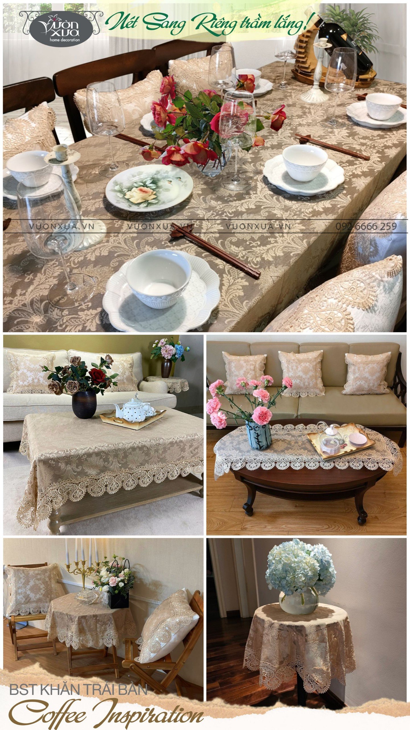 BST Khăn trải bàn màu be cafe, vải ren mềm tinh xảo