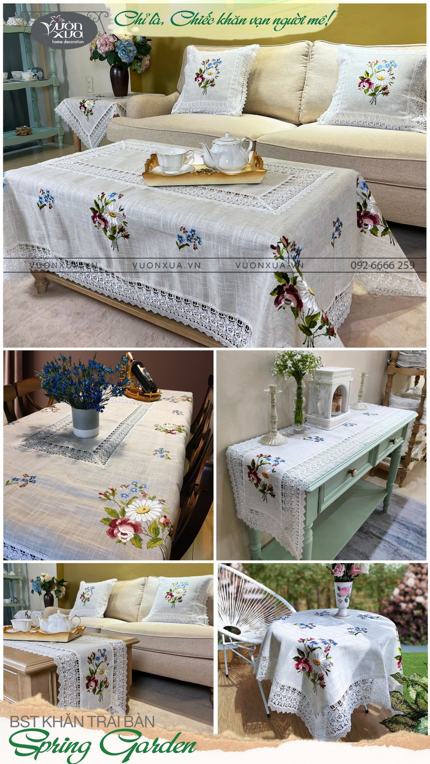 BST Khăn trải bàn thêu hoa mùa xuân hoa Hồng, hoa Cúc