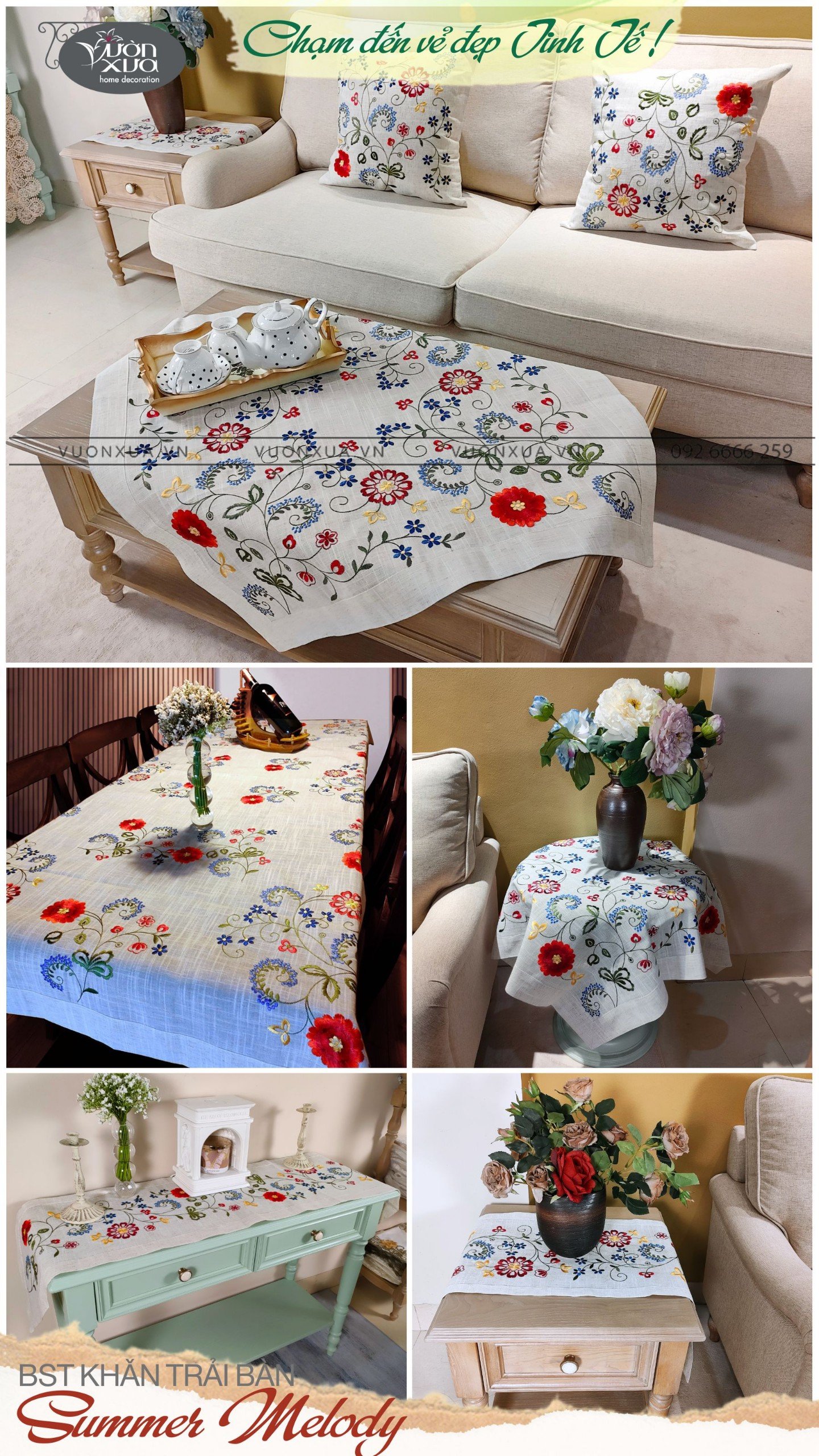 BST Khăn trải bàn thêu bông hoa đỏ cách điệu.