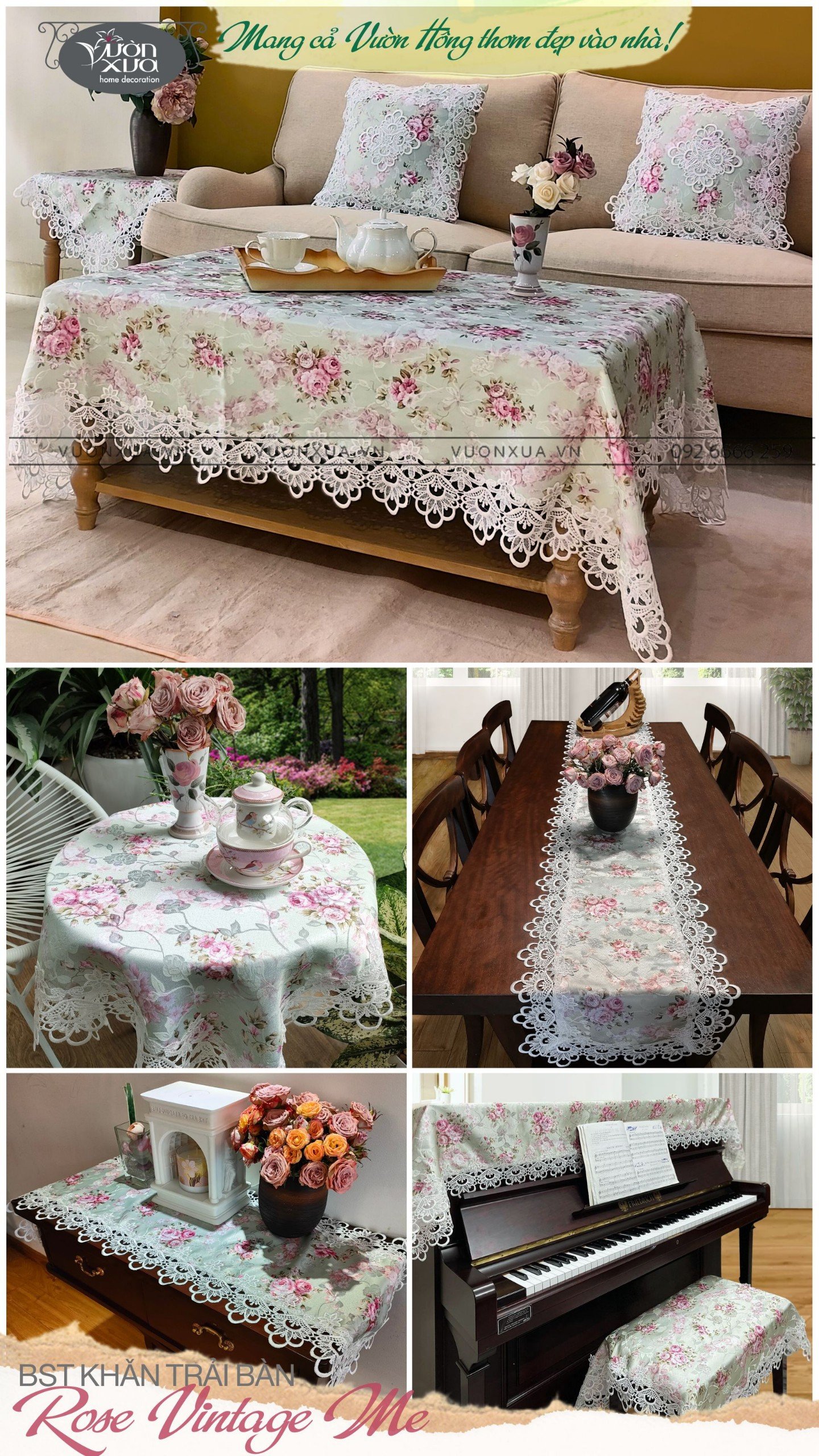 BST Khăn trải bàn Hoa Hồng Rose Vintage Me