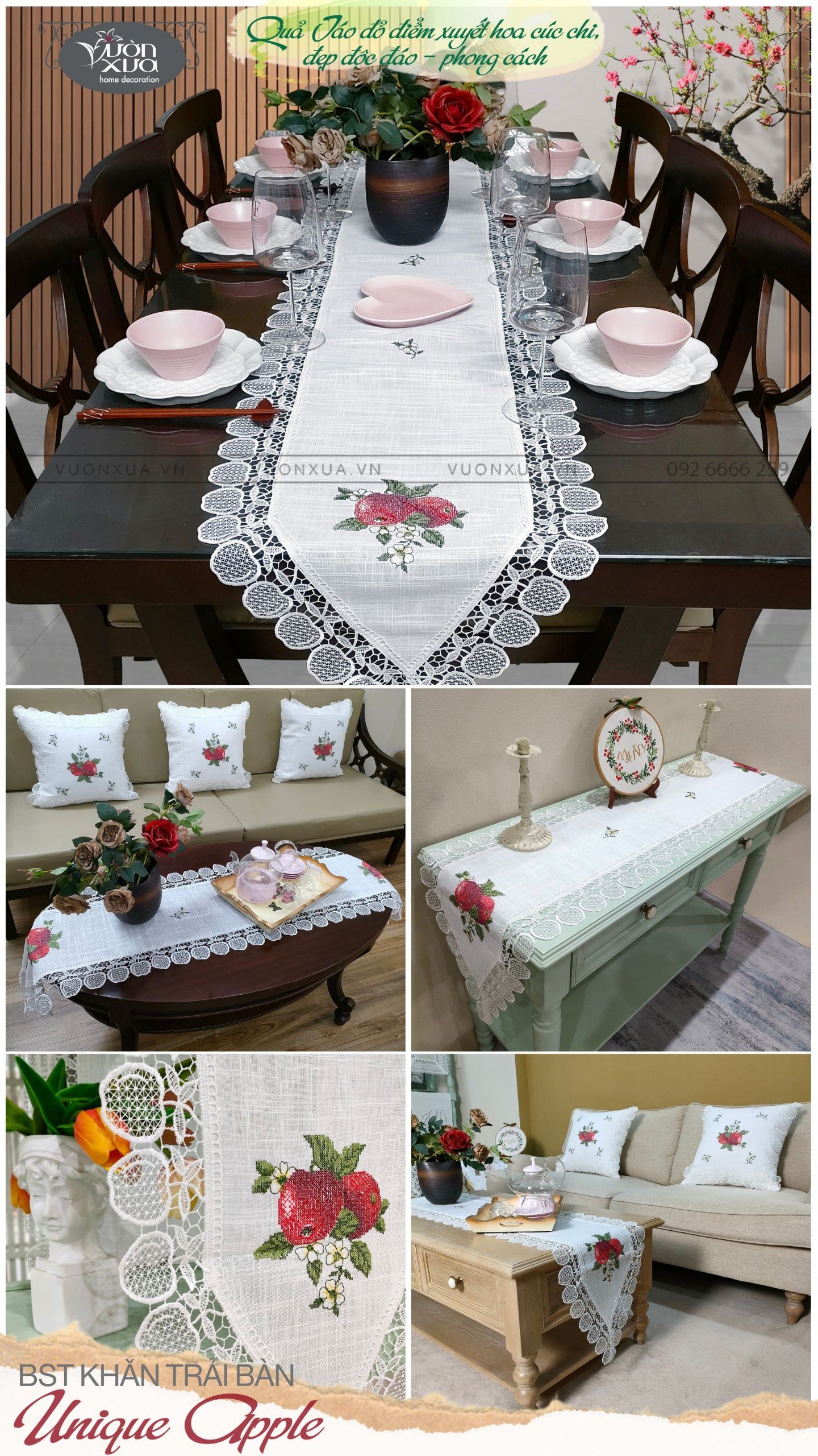 BST Khăn trải bàn thêu Quả táo đỏ & Hoa Cúc Chi.