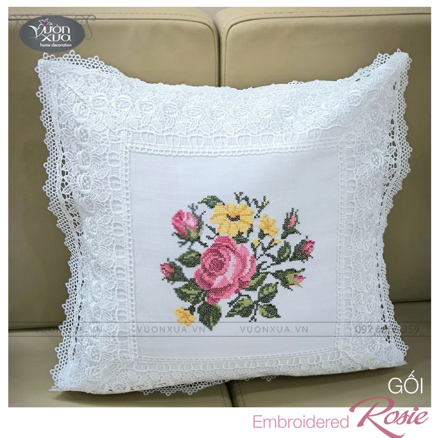 Vỏ gối tựa lưng sofa VƯỜN XƯA thêu Hoa Hồng Rosie điểm xuyết Hoa Cỏ Vàng KBR-4545