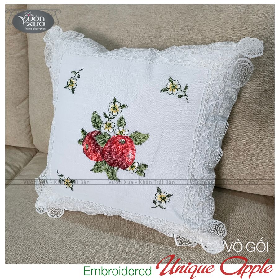 Vỏ gối sofa VƯỜN XƯA thêu Trái Táo Đỏ điểm xuyết Hoa Cúc Chi KBUA