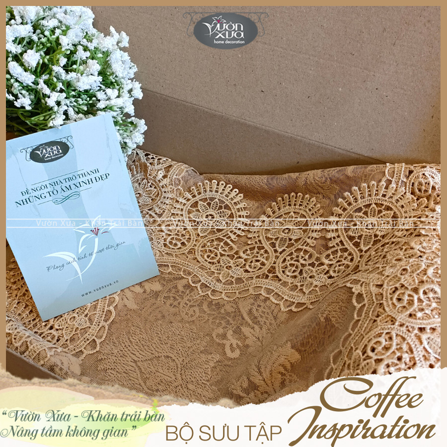 Khăn trải bàn VƯỜN XƯA vải ren mềm màu be nâu cafe Table Runner KBCI