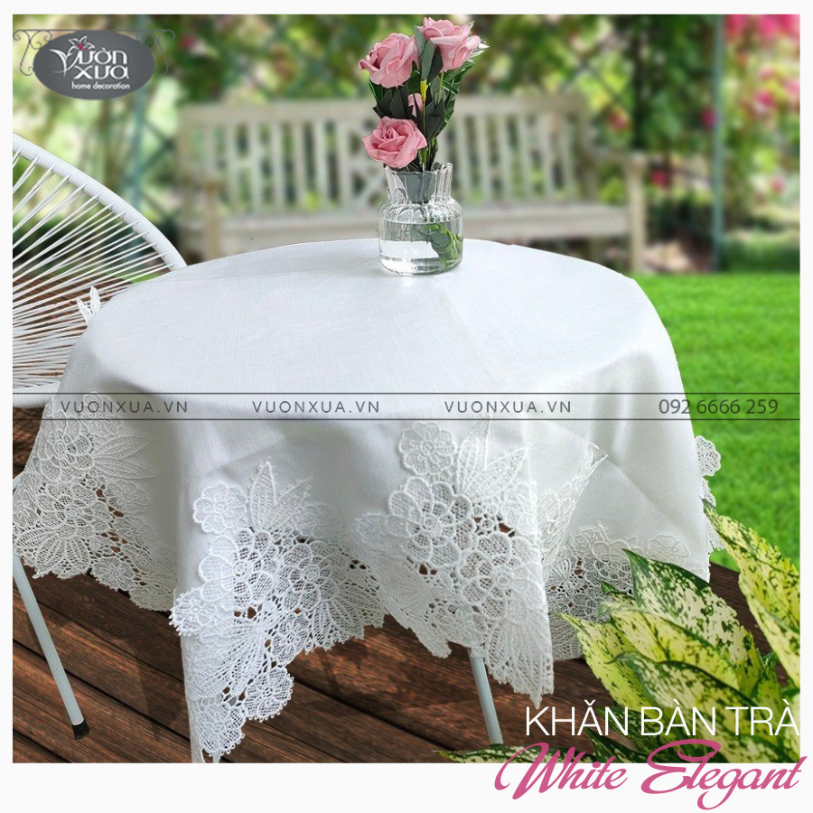 Khăn trải bản màu trắng, viền hoa ren VƯỜN XƯA, KBWE-V
