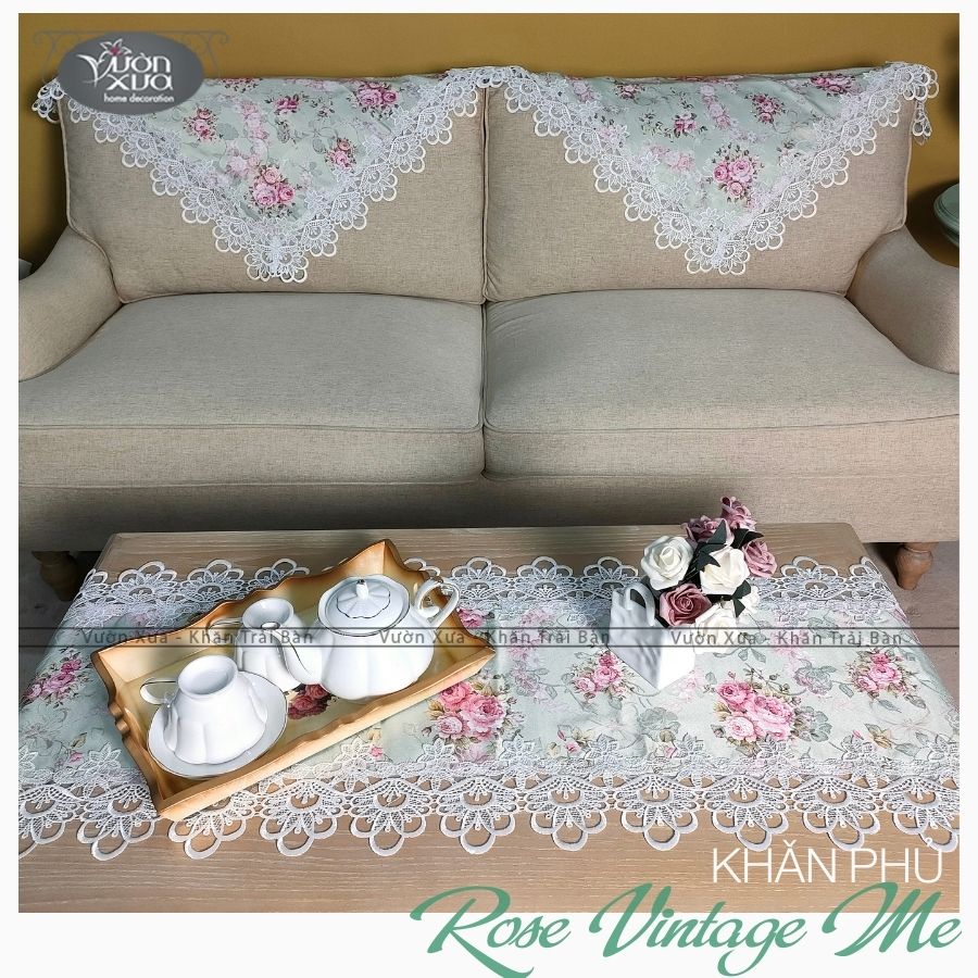 COMBO (Khăn phủ Sofa, trải bàn trà) hoa hồng vân lụa đẹp đồng bộ VƯỜN XƯA