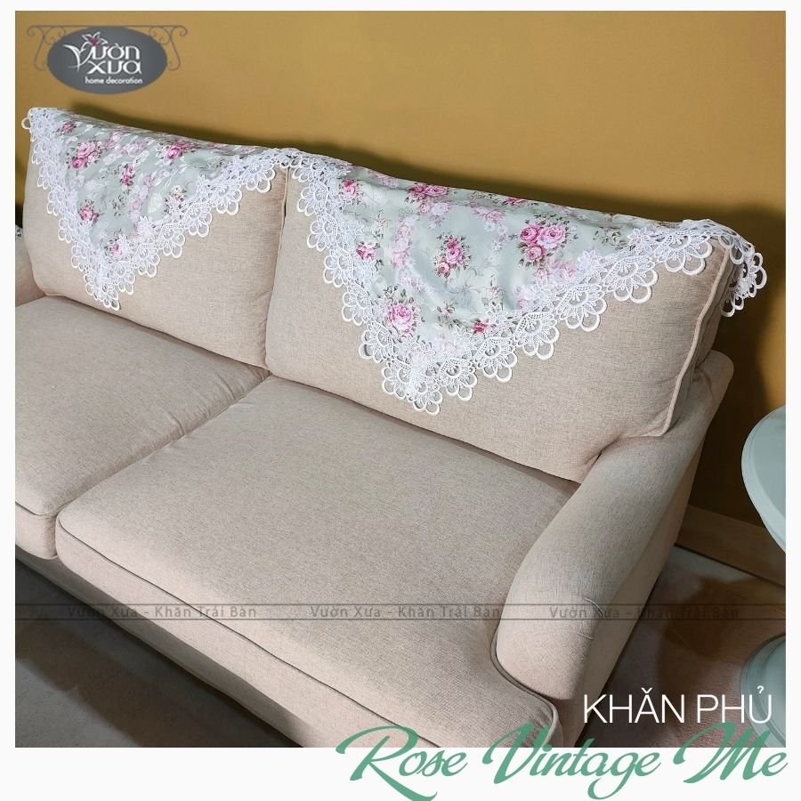 COMBO (Khăn phủ Sofa, trải bàn trà) hoa hồng vân lụa đẹp đồng bộ VƯỜN XƯA