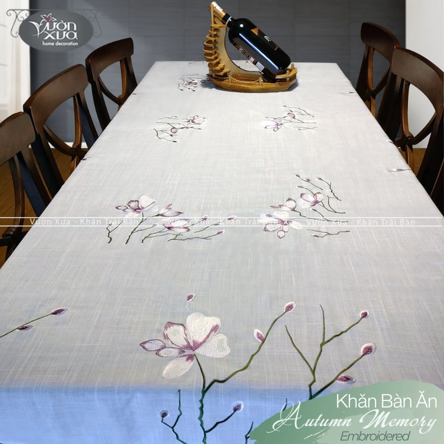 Khăn trải bàn VƯỜN XƯA thêu Cành Hoa Lan tím đẹp sang trọng thanh nhã KBAM