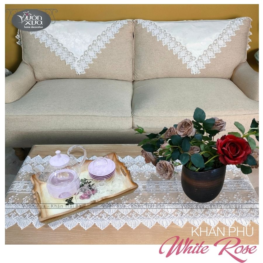 COMBO (Khăn phủ Sofa, trải bàn trà), màu trắng hoa hồng sang trọng nhà VƯỜN XƯA, KBWR-SOFA