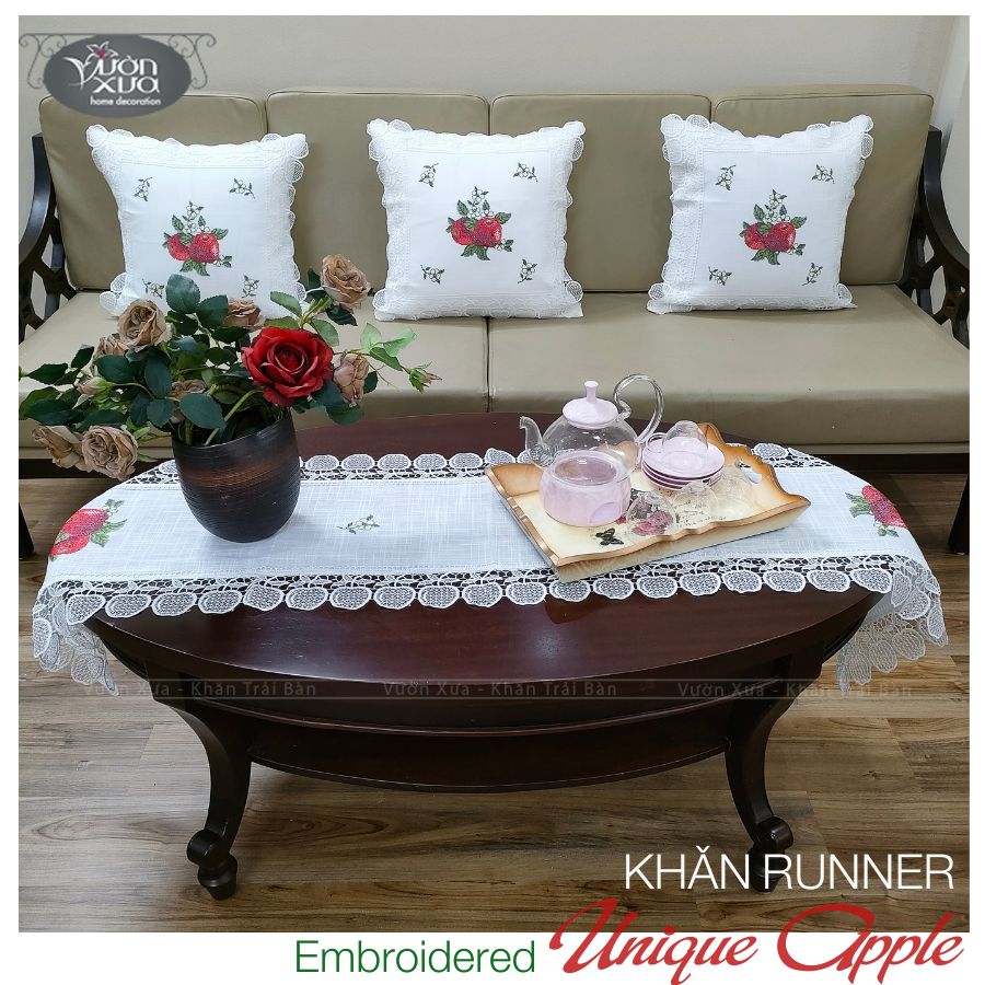 Vỏ gối sofa VƯỜN XƯA thêu Trái Táo Đỏ điểm xuyết Hoa Cúc Chi KBUA