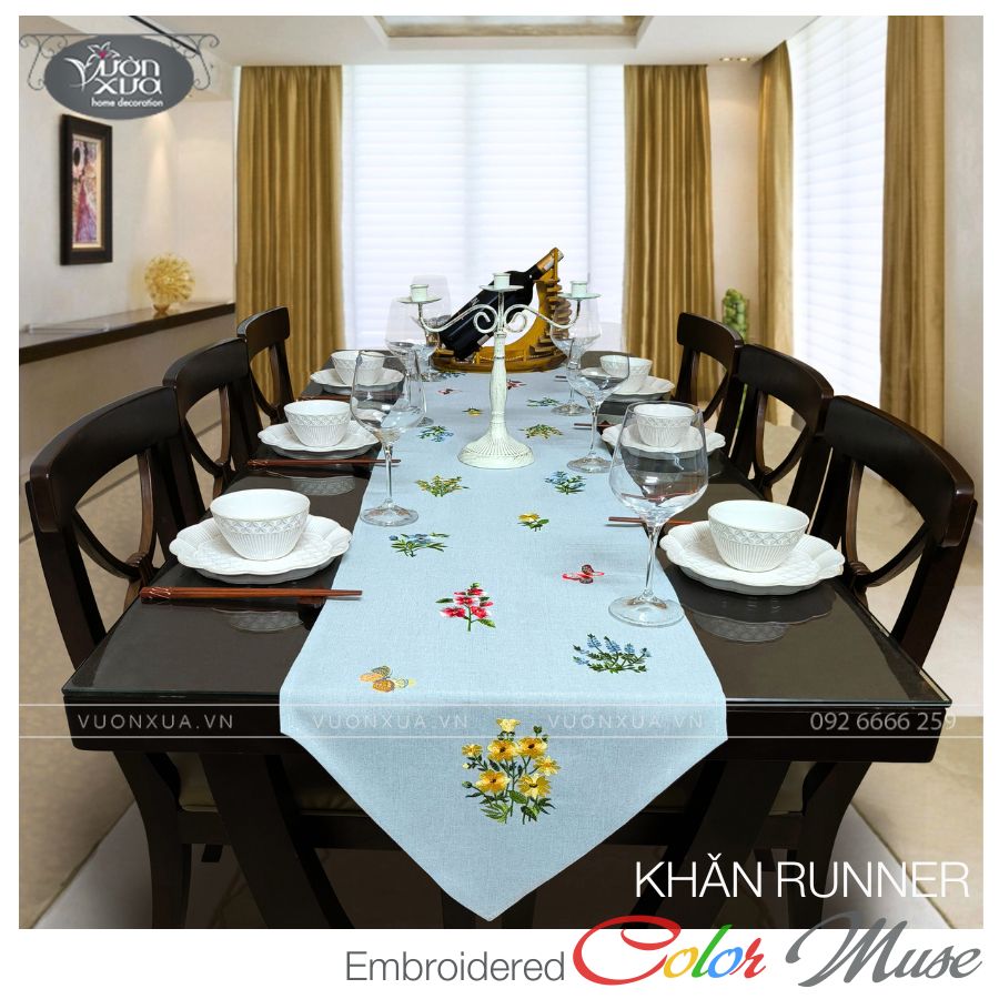 Khăn trải bàn ăn thêu Hoa Cỏ bốn mùa VƯỜN XƯA đẹp tinh tế, KBCM